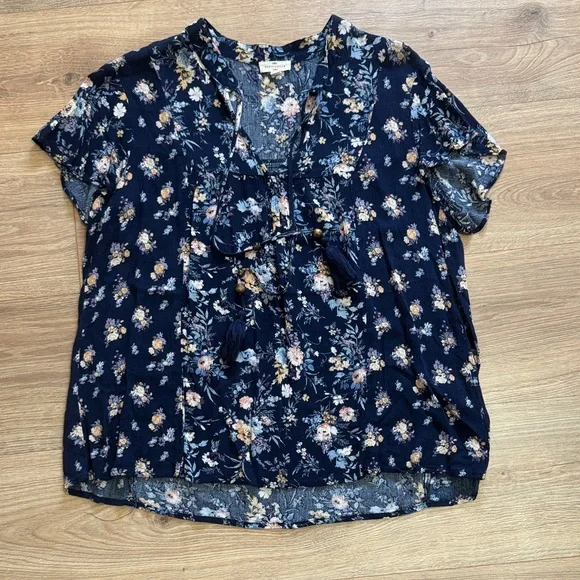 Navy Floral Blouse with Tassels - Picture 1 of 3